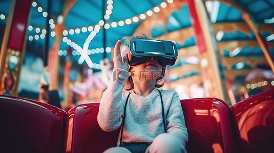 一个小男孩在体验游乐设施或观看 3D 电影时戴着 VR 耳机沉浸在虚拟世界中