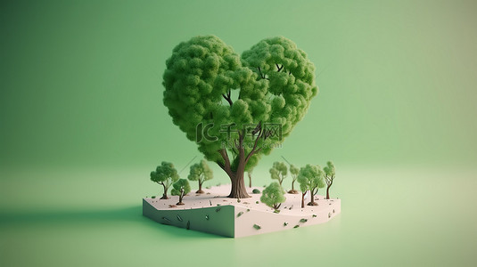 手和心背景图片_使用 3D 渲染的树和心形图标可视化世界环境日的重要性