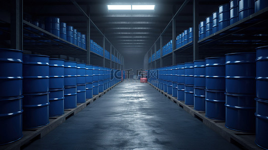 堆放在 3D 渲染的仓库过道中的蓝色桶
