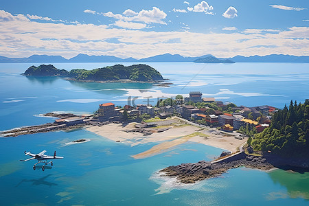 清澈的水背景图片_一架飞机飞越清澈的水面上的城镇和岛屿