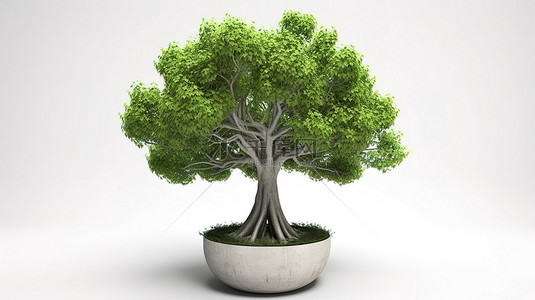 在干净的白色背景上通过 3D 渲染展示了盆中一棵生机勃勃的绿树
