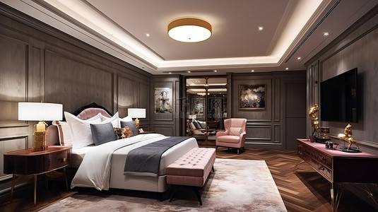 酒店背景图片_华丽的复古卧室套房，配有色彩缤纷的豪华设施和酒店内的电视，是 3D 渲染的杰作