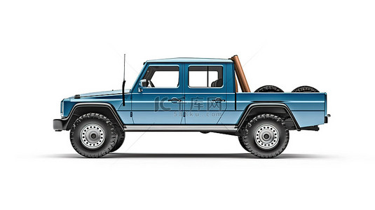 白色孤立背景的 3D 插图，配有大型蓝色越野皮卡车，非常适合乡村冒险和探险
