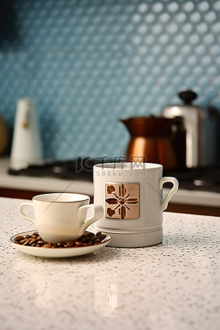 家庭背景图片_柜台上有咖啡杯的厨房装饰