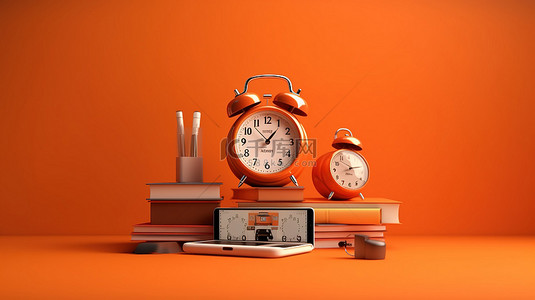 电子学习使橙色墙上的 3D 闹钟和电话变得简单，配有书籍和在线教育文本