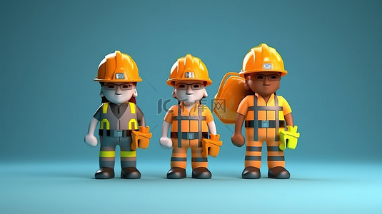 卡通工人背景图片_卡通风格的插图，显示施工人员戴着安全帽和安全背心