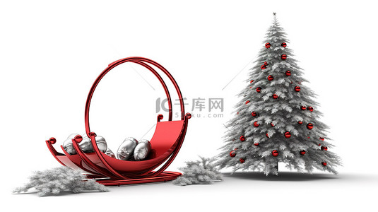 白色圣诞树和红色雪橇的孤立 3D 插图