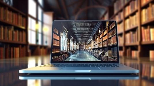 学习背景图片_笔记本电脑屏幕上显示的在线图书馆的真实 3D 渲染