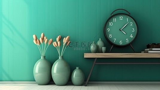 家背景图片_时尚的家居室内装饰，配有木桌花瓶和绿色挂钟装饰