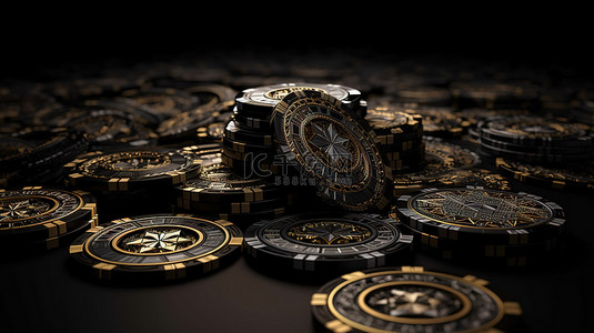 深色背景与黑色和金色赌场筹码由 3d 钻石插入增强