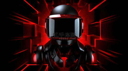 主视觉背景背景图片_黑色背景上带有红色立方体框架的未来派黑色 VR 头盔虚拟现实技术的渲染图像