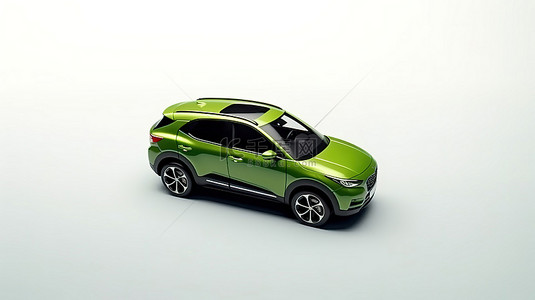 白色背景城市 SUV 的 3D 渲染，具有绿色紧凑设计和空白车身，用于定制品牌