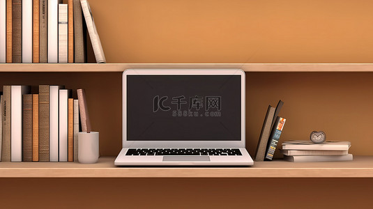 笔记本电脑场景背景图片_棕色架子背景与 3D 渲染笔记本电脑