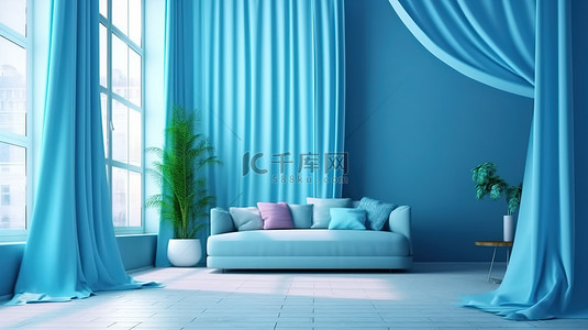 当代孟菲斯设计，在拱形室内 3D 渲染中采用蓝色墙壁和窗帘背景