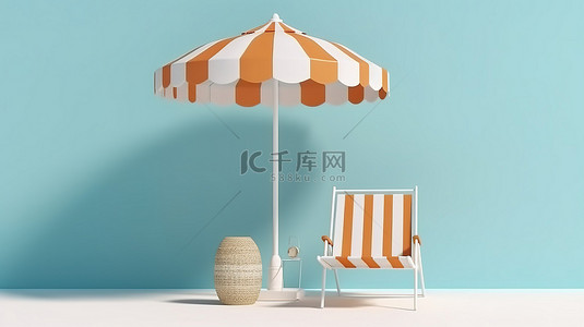 伞背景图片_简单的海滩设置，配有椅子伞和蓝色背景 3D 渲染代表夏天