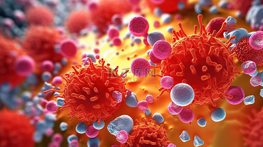 显微镜下观察流感病毒细胞的 3D 医学插图