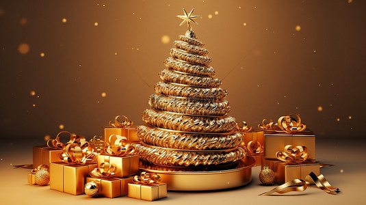 十二月插图背景图片_带有礼品盒装饰的金属金丝带线圈圣诞树的 3D 渲染插图