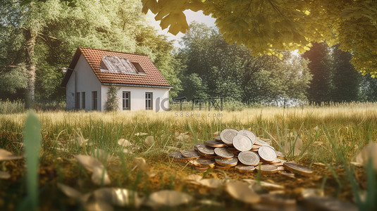 自然背景与欧元硬币和 3d 渲染的房子插图