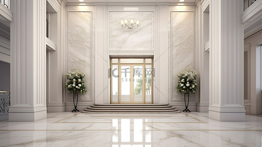 优雅高大的入口，通往一栋超现代的房子，高墙上有大理石装饰 3D 插图
