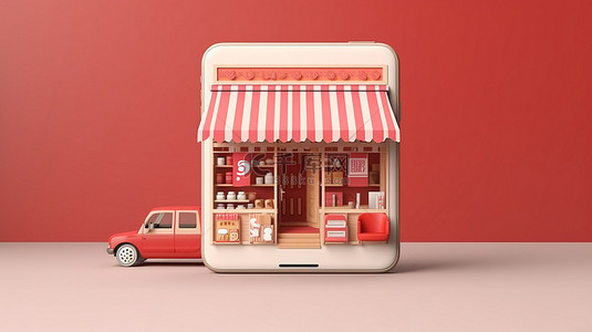 手机店铺背景图片_基于智能手机的在线商店的 3d 插图，具有充足的复制空间