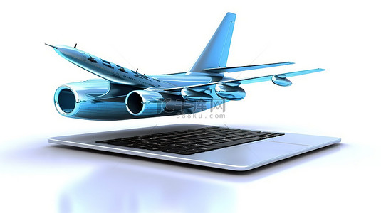 在飞机上卡通背景图片_当代笔记本电脑的 3D 渲染，其中有一架卡通玩具喷气机在白色背景下从屏幕上缩小