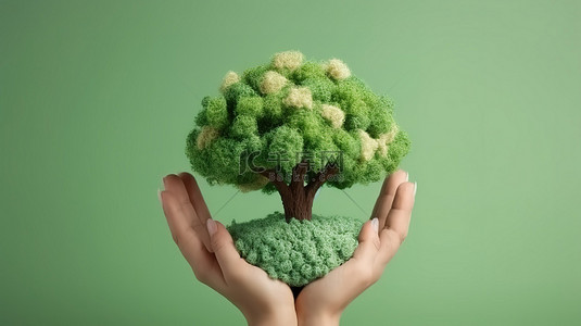 拥抱自然背景图片_促进生态友好 3D 渲染手拥抱粘土地球与树鼓励地球日