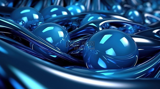蓝丝绸背景图片_抽象背景上蓝丝带波和水晶球的涟漪效应 3D 渲染