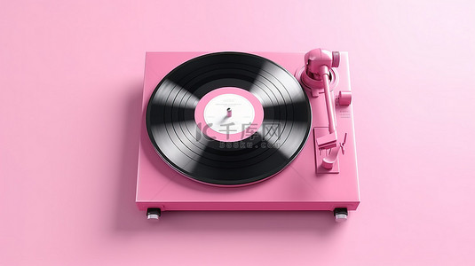 粉红色乙烯基播放器的简约 3D 渲染在柔和的粉红色背景上，具有光滑的表面，非常适合音乐爱好者