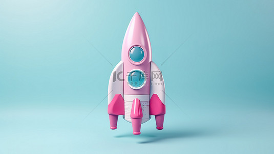 粉色背景增强了蓝色玩具火箭样机 3D 渲染设计