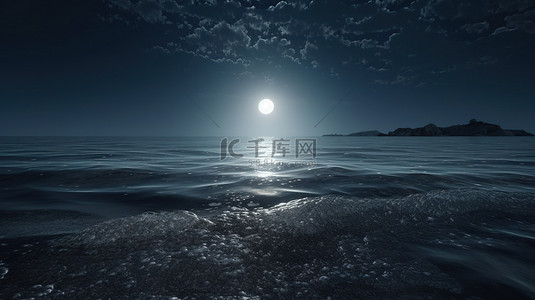 3d 渲染的满月和宁静的海洋的夜间场景