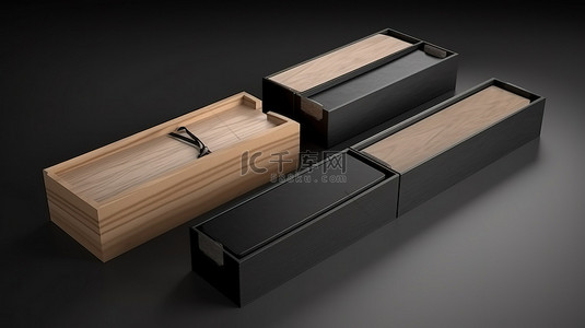 滑盖长木箱的 3D 渲染，带有黑纸包装，用于品牌包装打开和关闭