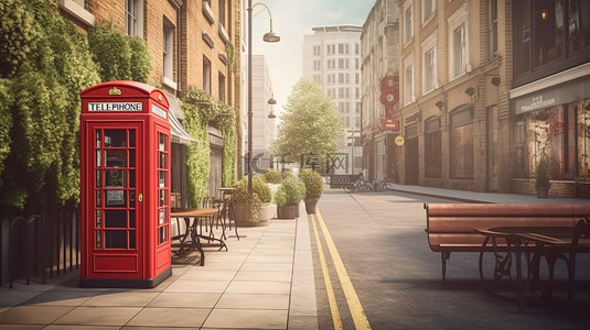 伦敦街景的 3D 渲染，包括电话亭长凳自行车和咖啡馆