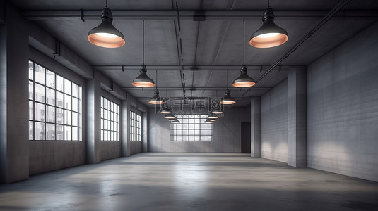 仓库背景图片_吊灯在令人惊叹的 3D 工厂渲染中照亮了空荡荡的内部