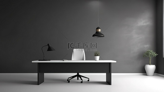 简约办公空间灰色墙壁光滑的桌子和高科技 PC 3D 渲染图像