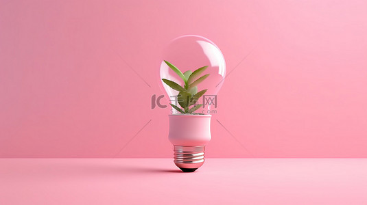 粉红色背景下从花盆中萌芽的灯泡的简约创意概念 3D 图像