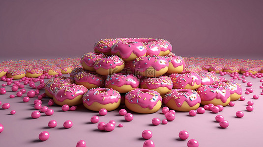 糖一包背景图片_一群微型甜甜圈环绕着一个 3d 卡通粉色巨型甜甜圈