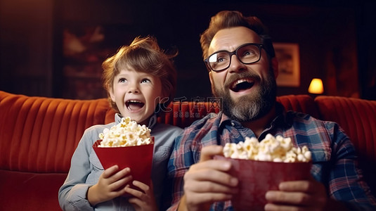 快乐的父子通过 3D 电影与室内沙发上的爆米花建立联系