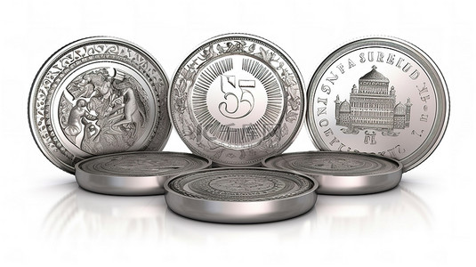 印度卢比圆形银币的 3d 硬币以五个不同的角度呈现在财富和繁荣的白色背景象征上