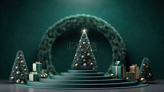 3D 渲染产品展示舞台，在节日圣诞节背景下装饰树