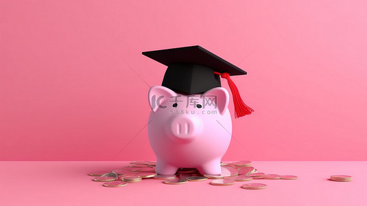 金融教育背景图片_为教育储蓄罐和粉红色背景的毕业帽与硬币 3D 渲染进行储蓄