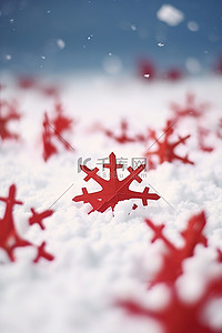 冬天背景图片_地上有几片白色和红色的雪花