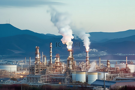 背景是烟雾和山脉的工业炼油厂