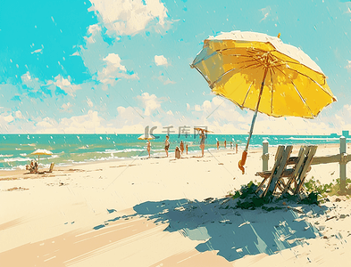 太阳伞沙难夏天海滩沙滩水彩背景