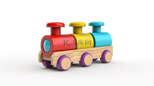充满活力的儿童玩具火车，由木头制成，在白色背景上以 3D 渲染