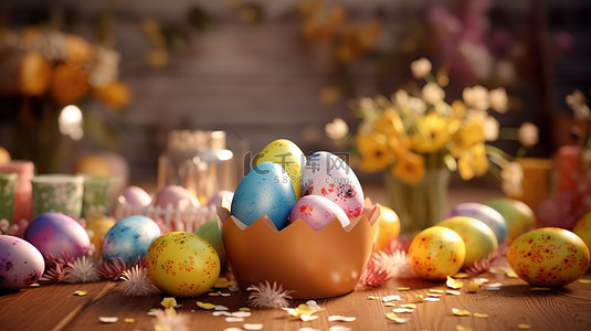 节日复活节 3D 插图，配有装饰鸡蛋和欢快的装饰品