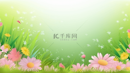 鲜花广告背景背景图片_青草花卉花瓣春季卡通广告背景