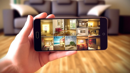手机图卡通背景图片_可爱的手在未来派的客厅里抓住带有横向图标的智能手机，这是现代生活的 3D 描绘