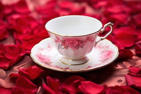 玫瑰背景图片_杯子和碟子放在红色花瓣上