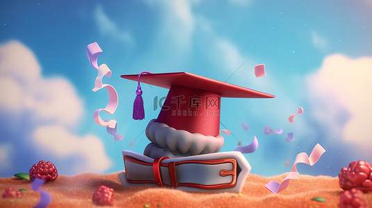 卡通风格的毕业帽和文凭，抽象背景上有云 3D 插图和渲染
