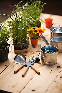 园艺工具背景图片_儿童花园，配有园艺工具花卉金属碗和盆